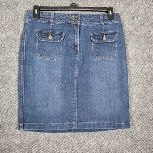Per Se Women 8 Denim Skirt Blue Cargo Pocket Stretch Knee Length
